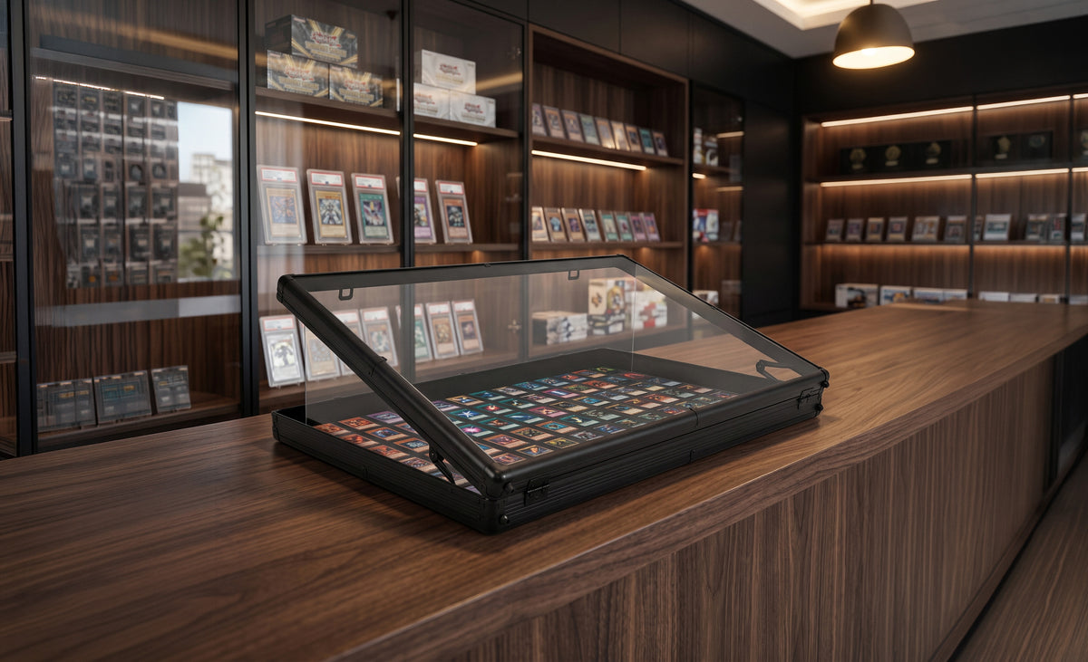 Vitrine en verre noire présentant une collection de cartes colorées sur un comptoir en bois, éclairage chaleureux en arrière-plan