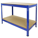 Établi de travail Q-Rax en acier bleu avec surface en bois MDF, deux niveaux, robuste et idéal pour l'atelier ou le garage