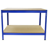 Établi de travail Q-Rax en acier bleu, avec un plateau en bois clair, surface lisse, dimensions de 120 cm, robuste et fonctionnel
