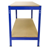 Établi de travail Q-Rax en acier bleu, avec une surface en bois clair, offrant deux étagères robustes et une structure solide