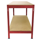 Établi de travail Q-Rax en acier rouge avec étagère en MDF beige, design robuste et moderne, idéal pour l'atelier ou le garage