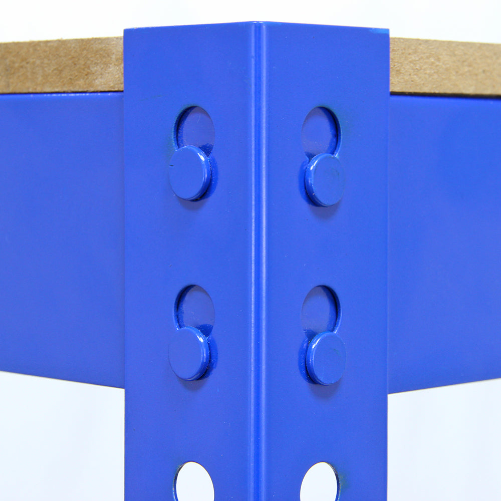 Établi de travail Q-Rax en acier bleu, avec coins renforcés et surface en bois, offrant robustesse et style moderne