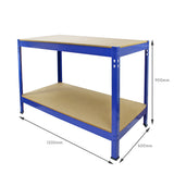 Établi de travail Q-Rax en acier bleu, dimensions 120 cm x 60 cm, avec surface en bois MDF et structure robuste, idéal pour l'atelier