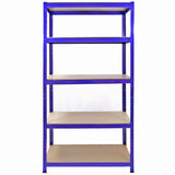 Rayonnage d'angle T-Rax en acier bleu avec quatre étagères en bois clair, offrant une structure robuste et moderne pour le rangement