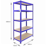 Rayonnage d'angle T-Rax en acier bleu de 90 cm, avec quatre étagères robustes, dimensions 1800 mm de hauteur, 450 mm de profondeur, 900 mm de largeur