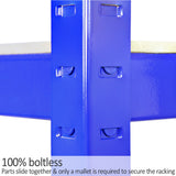 Rayonnage d'angle T-Rax en acier bleu, sans boulons, avec des parties qui s'emboîtent facilement pour un assemblage rapide et sécurisé