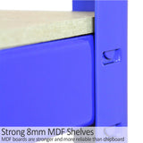 Rayonnage d'angle T-Rax en acier bleu avec étagères en MDF de 8 mm, offrant robustesse et fiabilité pour le stockage