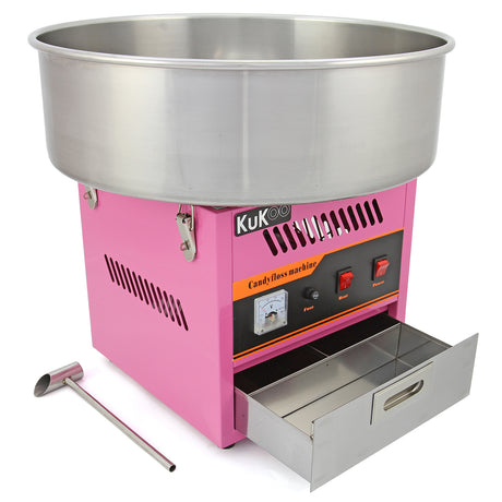 Machine à barbe à papa Kukoo en métal rose avec un grand bol en acier inoxydable et un tiroir de rangement en bas, boutons de contrôle rouges