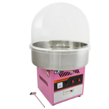 Machine à barbe à papa rose avec dôme transparent et cuve en acier inoxydable, équipée de boutons de contrôle et d'une cuillère en métal