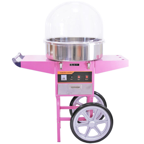Machine à barbe à papa rose avec un bol en acier inoxydable, équipée de roues blanches pour un transport facile et un design attrayant