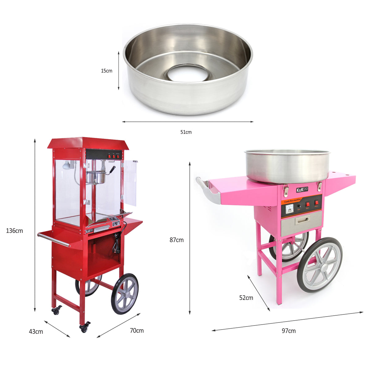 Machine à barbe à papa rose avec un bol en acier inoxydable, dimensions 136 cm de hauteur, 97 cm de largeur, et 51 cm de diamètre du bol