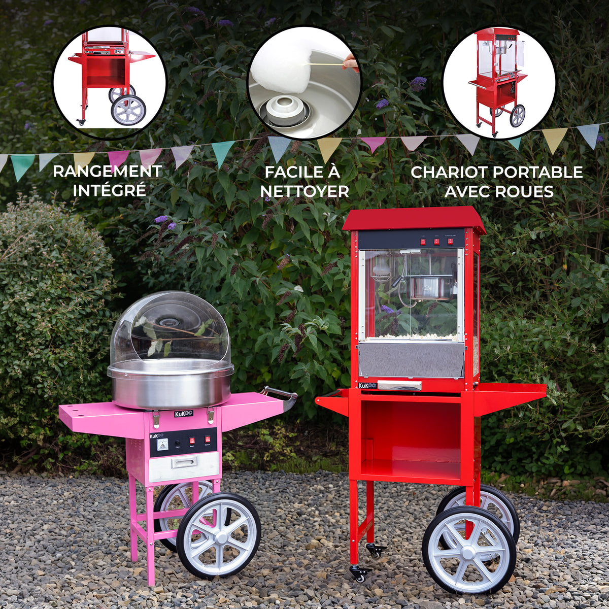 Chariot portable avec roues, machine à pop-corn rouge et rose, design moderne, surface lisse et rangement intégré, idéal pour événements