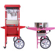 Machine à popcorn rouge et machine à barbe à papa rose sur chariots, avec des roues blanches et des finitions brillantes, idéales pour les fêtes