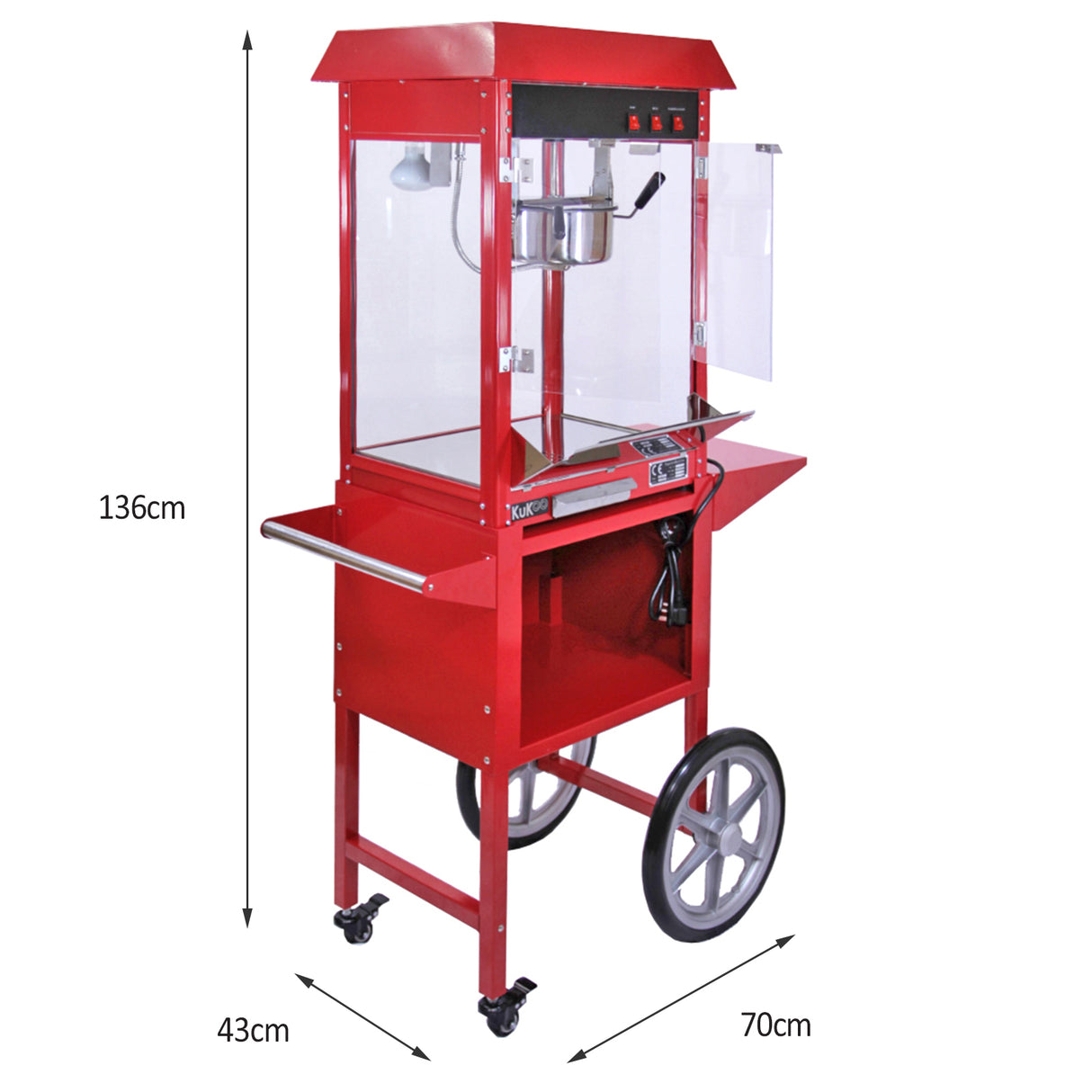 Chariot rouge vif avec machine à popcorn et barbe à papa, vitrine en verre, roulettes pour un déplacement facile, dimensions 136 cm x 70 cm x 43 cm