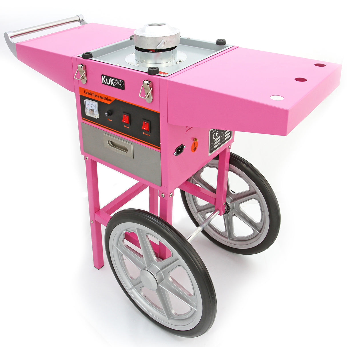 Chariot à barbe à papa KuKoo, couleur rose vif, avec roues métalliques, surface lisse et boutons de contrôle en façade