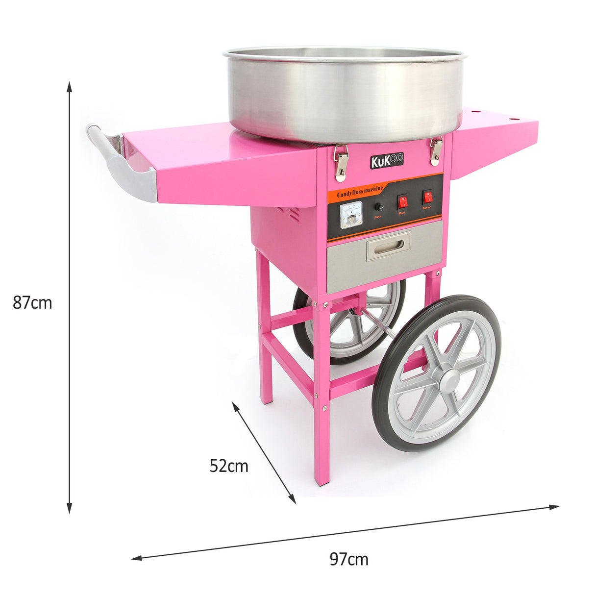 Machine à barbe à papa rose vif avec un grand bol en acier inoxydable, chariot à roulettes, dimensions 87 cm de hauteur et 97 cm de largeur