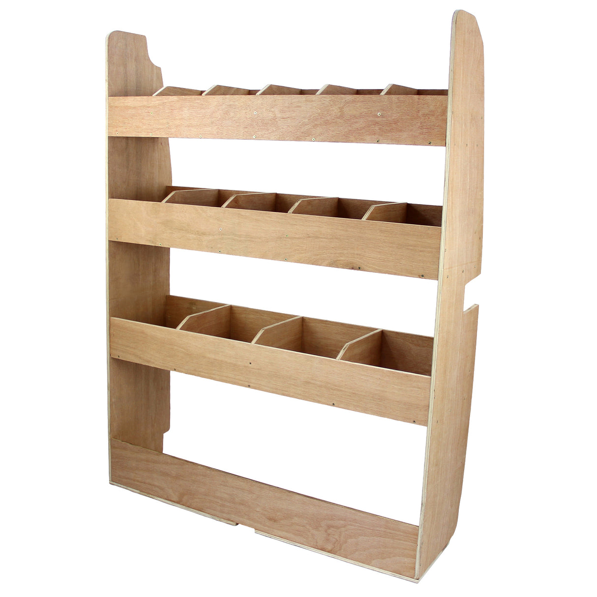 Étagère en contreplaqué naturel avec trois niveaux, conçue pour un rangement optimal dans un Ford Transit, offrant robustesse et fonctionnalité