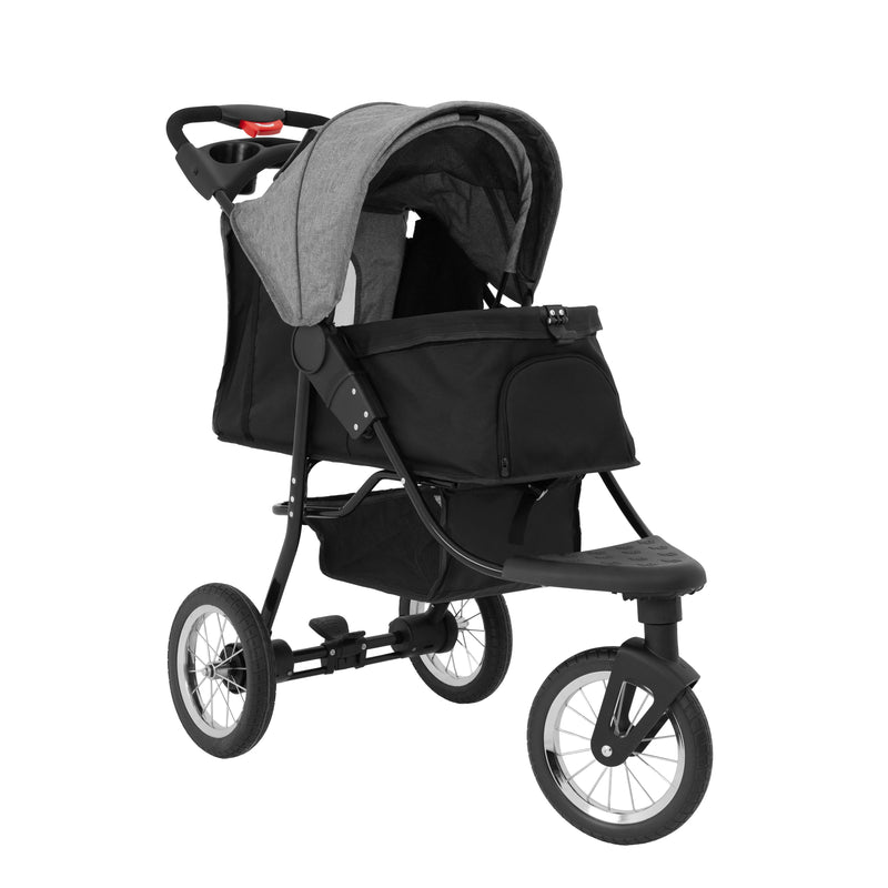 Poussette légère avec un châssis noir, un siège gris et un grand auvent, idéale pour les promenades en ville ou à la campagne