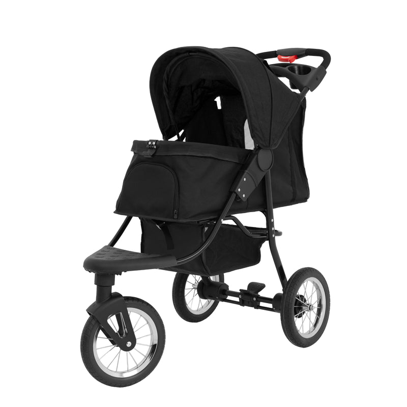 Poussette de jogging noire avec un siège rembourré, roues robustes et un guidon ergonomique, idéale pour les parents actifs