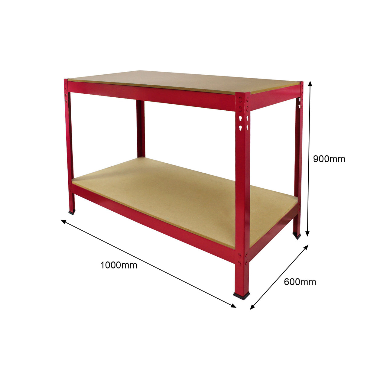 Établi de travail Q-Rax en acier rouge avec surface en bois, dimensions 100 cm x 60 cm, offrant robustesse et espace de rangement
