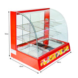 Vitrine chauffe-plats électrique rouge de 60 cm avec étagères en fil métallique, vitres en verre et deux bacs en inox pour aliments chauds