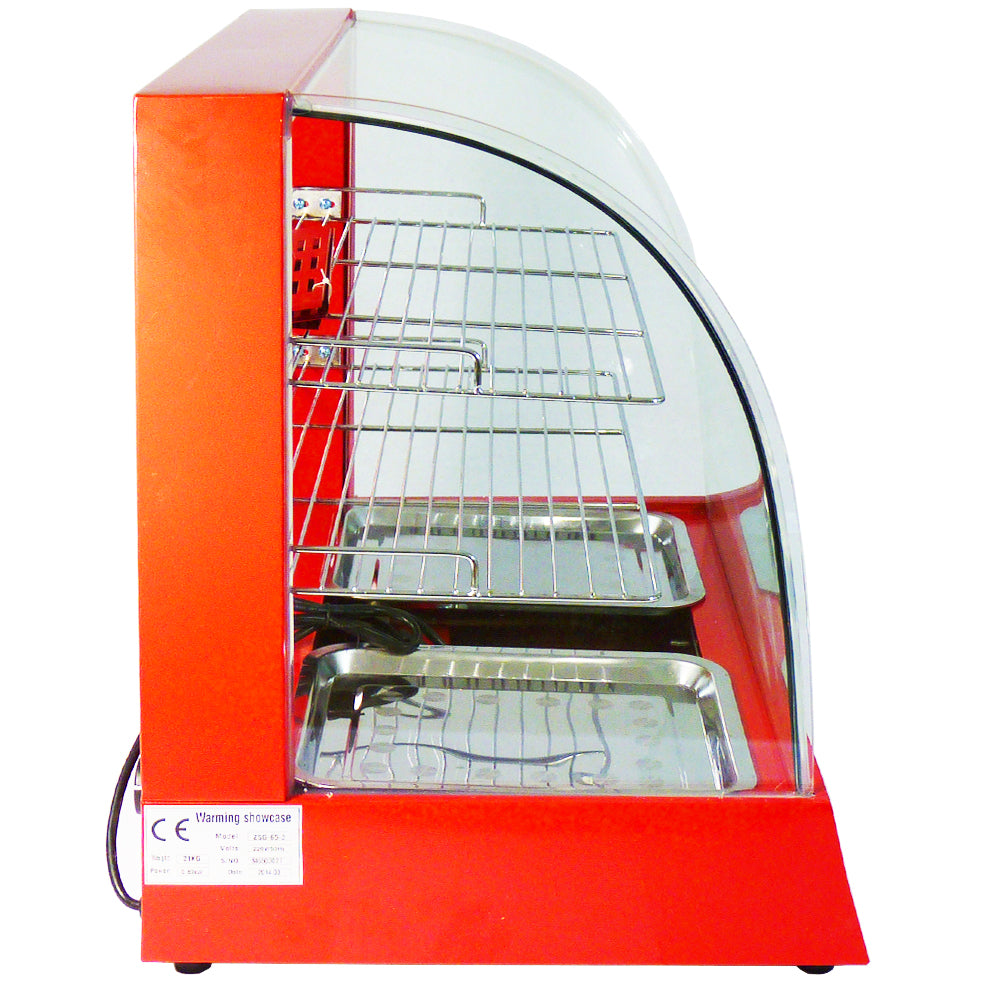 Vitrine chauffe-plats électrique KuKoo de 60 cm, couleur rouge vif, avec trois étagères en métal et un design courbé en verre transparent