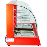 Vitrine chauffe-plats électrique KuKoo de 60 cm, couleur rouge vif, avec trois étagères en métal et un design courbé en verre transparent