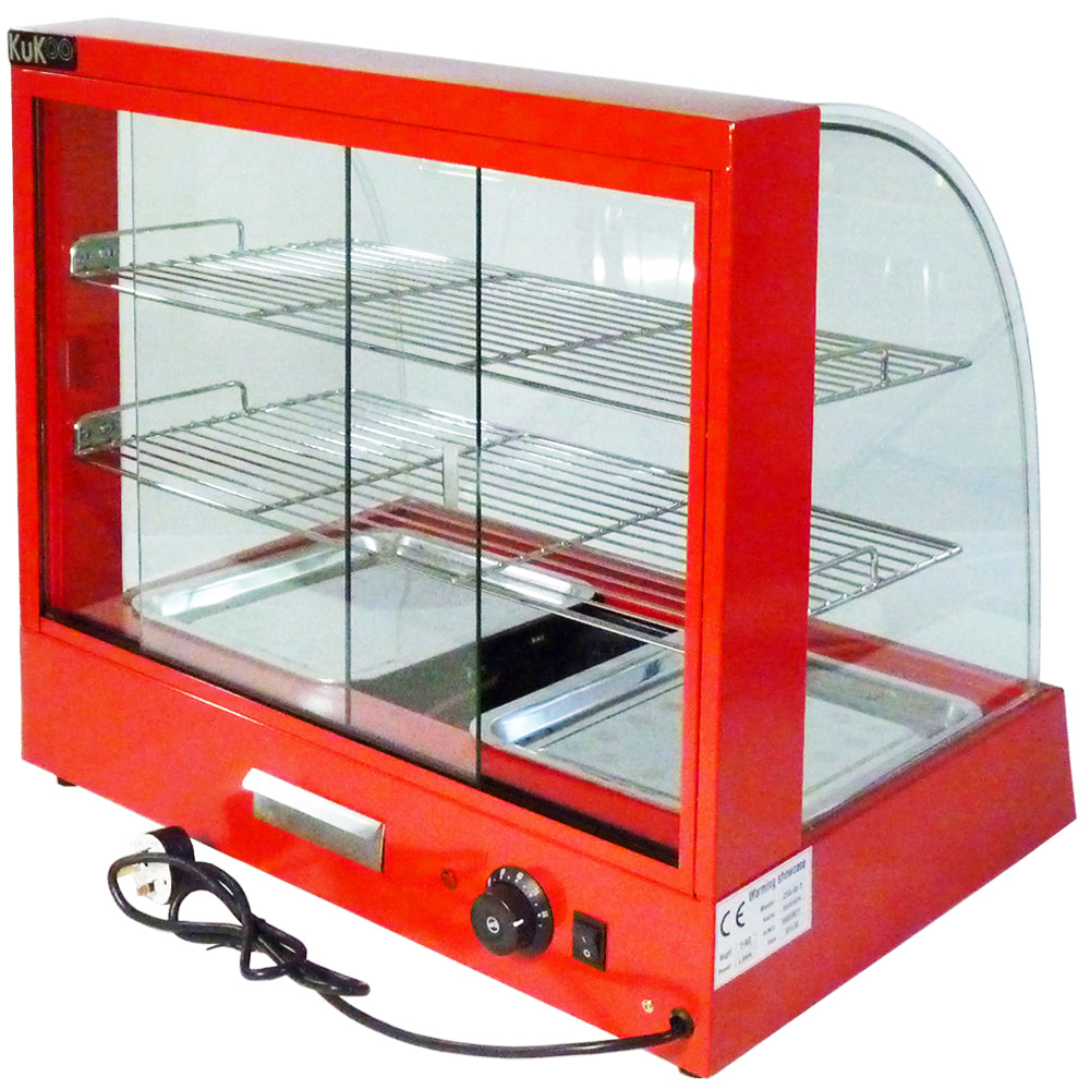 Vitrine chauffe-plats électrique KuKoo de 60 cm, finition rouge brillante, avec trois étagères en métal et porte en verre transparent
