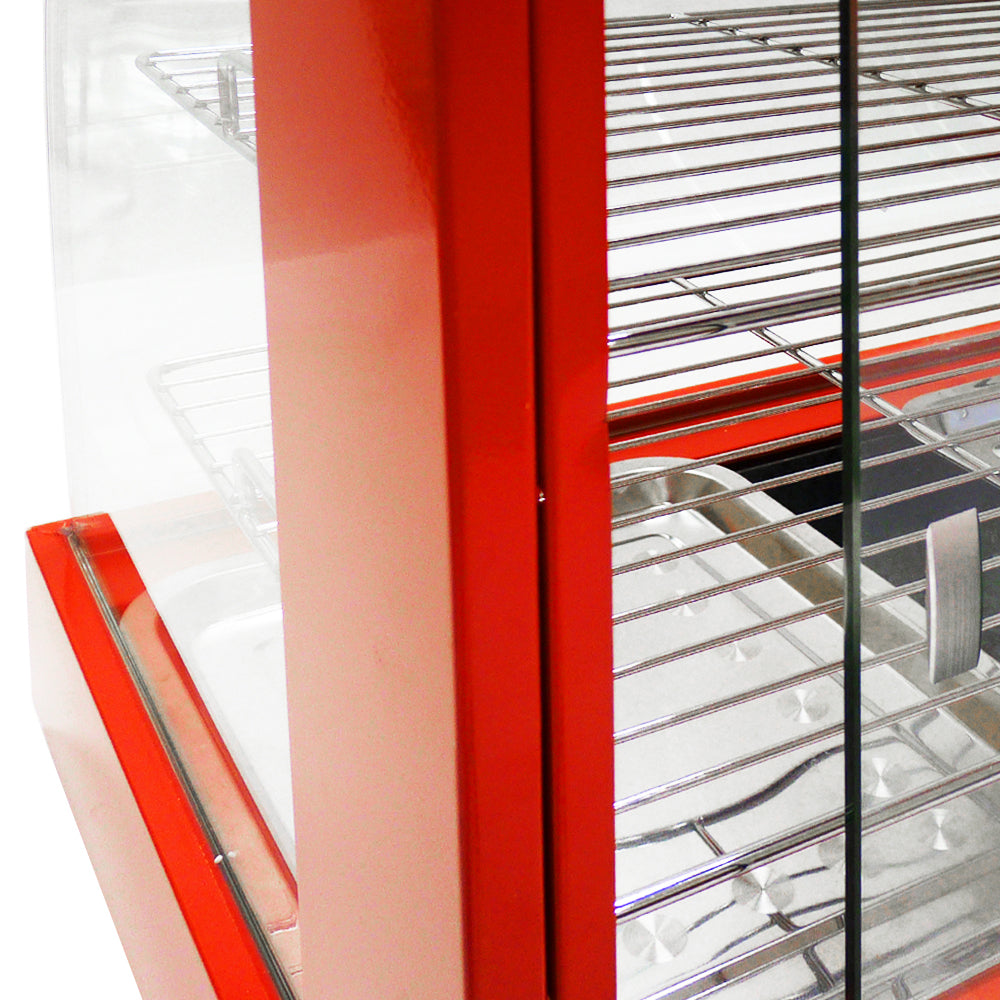 Vitrine chauffe-plats électrique 60 cm, couleur rouge vif, avec étagères en métal, porte en verre transparent et finition lisse