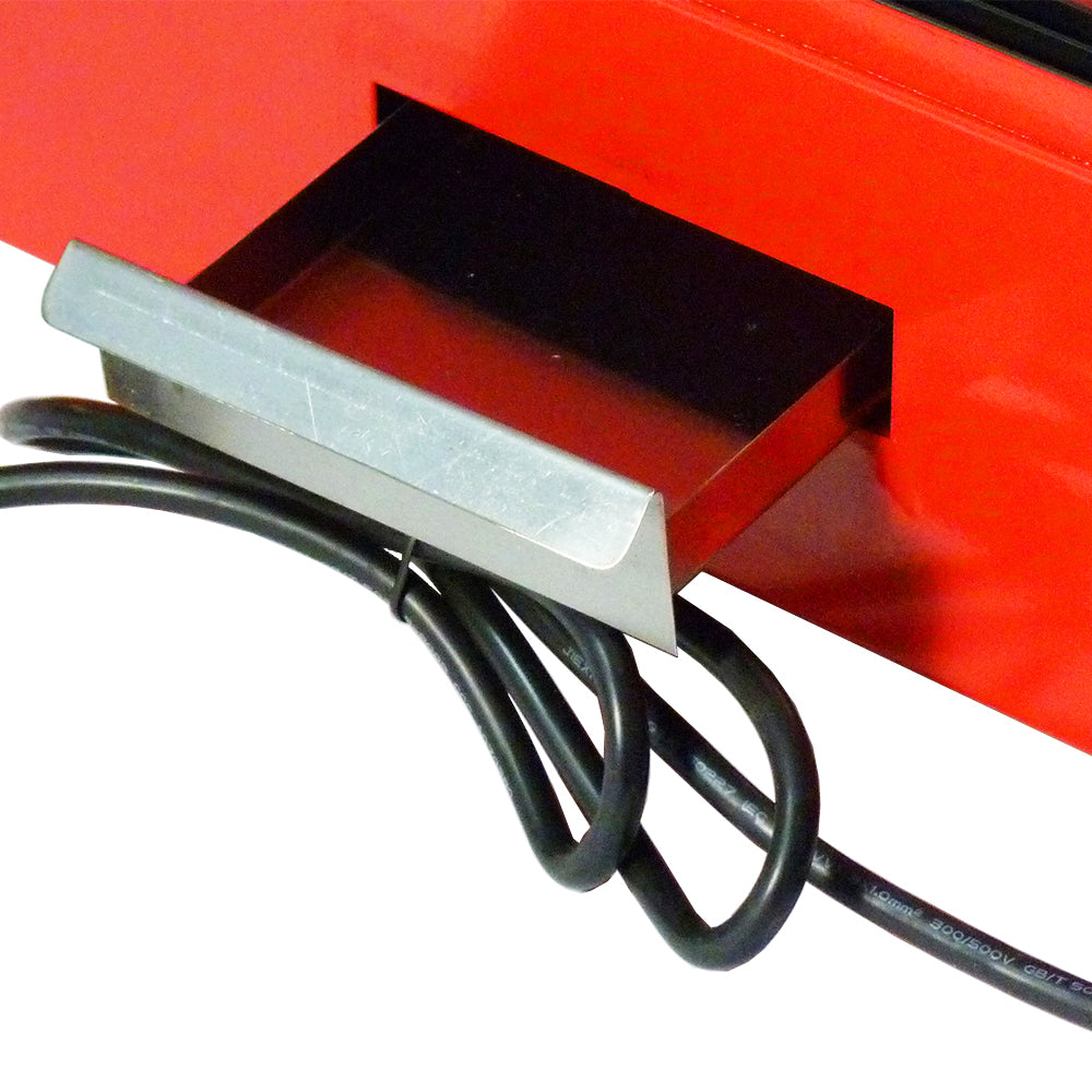 Vitrine chauffe-plats électrique KuKoo de 60 cm, couleur rouge vif, avec un tiroir en acier inoxydable et un cordon d'alimentation noir