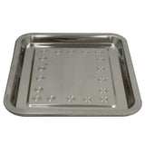 Plateau en acier inoxydable rectangulaire, surface lisse avec motifs en relief, idéal pour le maintien au chaud des plats dans une vitrine