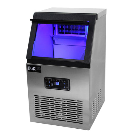 Machine à glaçons commerciale KuKoo en acier inoxydable, avec un éclairage bleu, affichage numérique et design compact et moderne