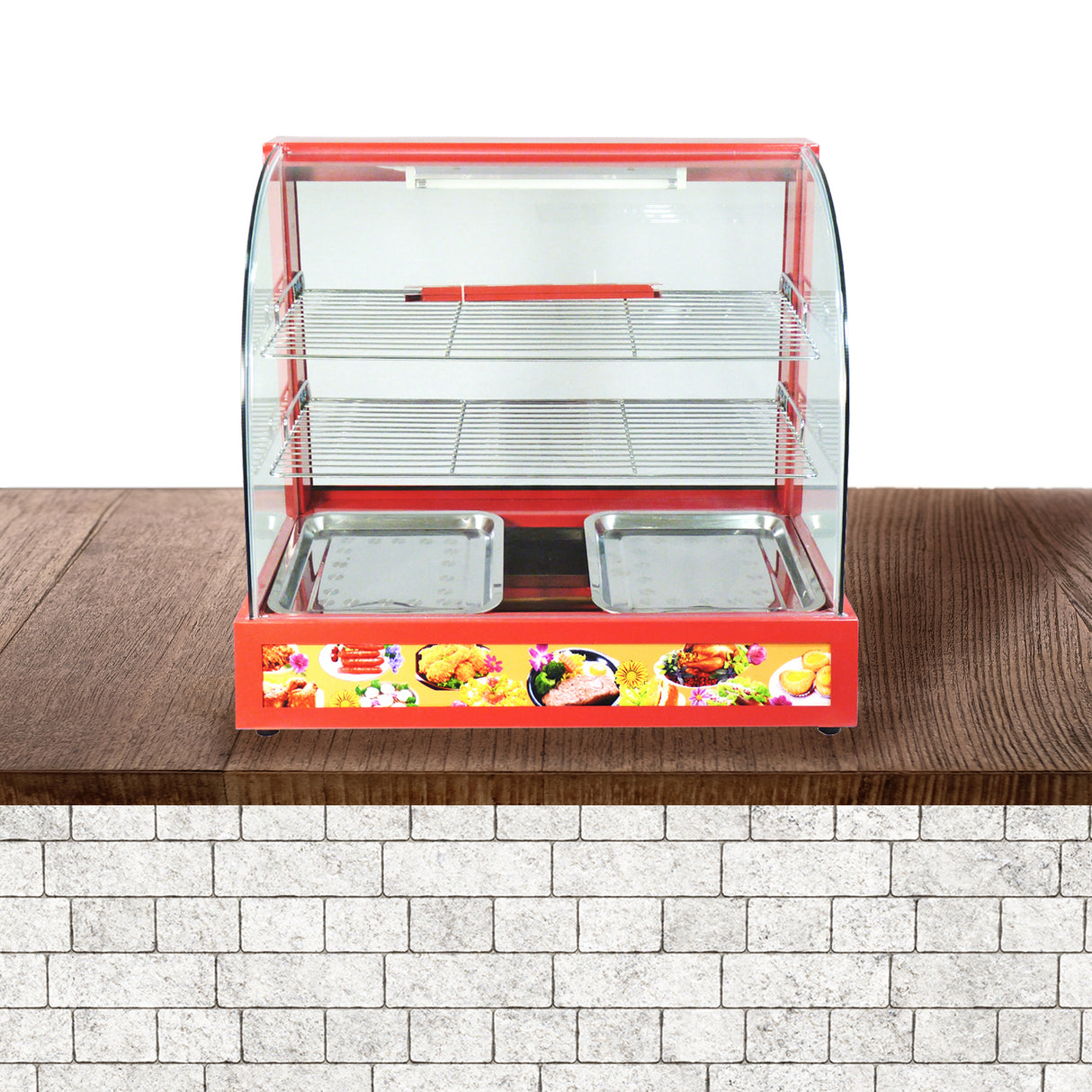 Vitrine chauffe-plats électrique de 60 cm, avec structure en verre transparent, étagères en métal et base rouge décorée de plats colorés