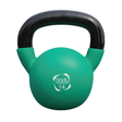 Kettlebell en néoprène vert de 14 kg avec poignée noire, surface lisse et logo blanc, idéale pour l'entraînement en force