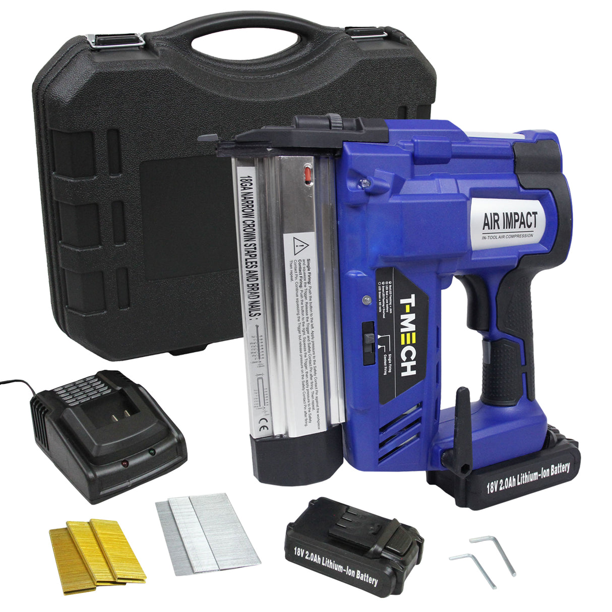Agrafeuse-cloueuse électrique T-Mech bleue avec batterie, chargeur, et accessoires dans un étui noir robuste, idéal pour les projets de bricolage