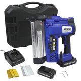 Agrafeuse-cloueuse électrique T-Mech bleue avec batterie, chargeur, et accessoires dans un étui noir robuste, idéal pour les projets de bricolage