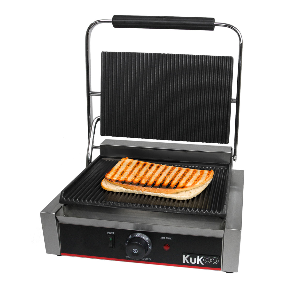 Presse à panini KuKoo avec plaques rainurées, finition en acier inoxydable, grille noire, et sandwich doré sur la plaque chaude