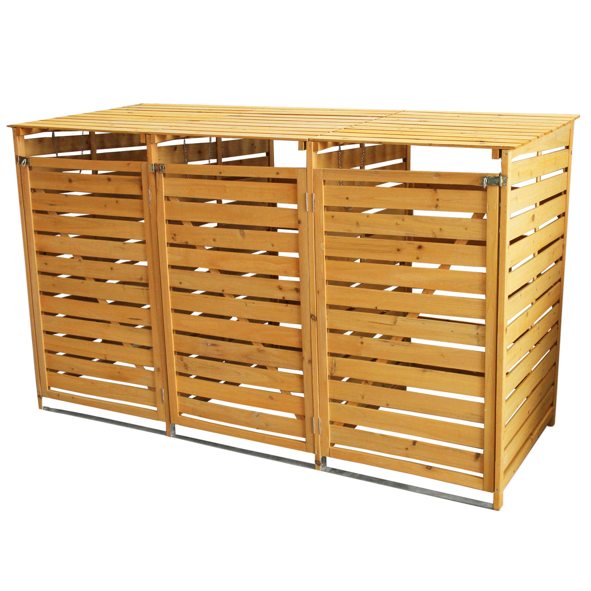 Cache-poubelle triple en bois clair avec lattes horizontales, finition lisse, design moderne et toit plat pour une protection optimale des déchets