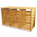 Cache-poubelle triple en bois clair avec lattes horizontales, finition lisse, design moderne et toit plat pour une protection optimale des déchets