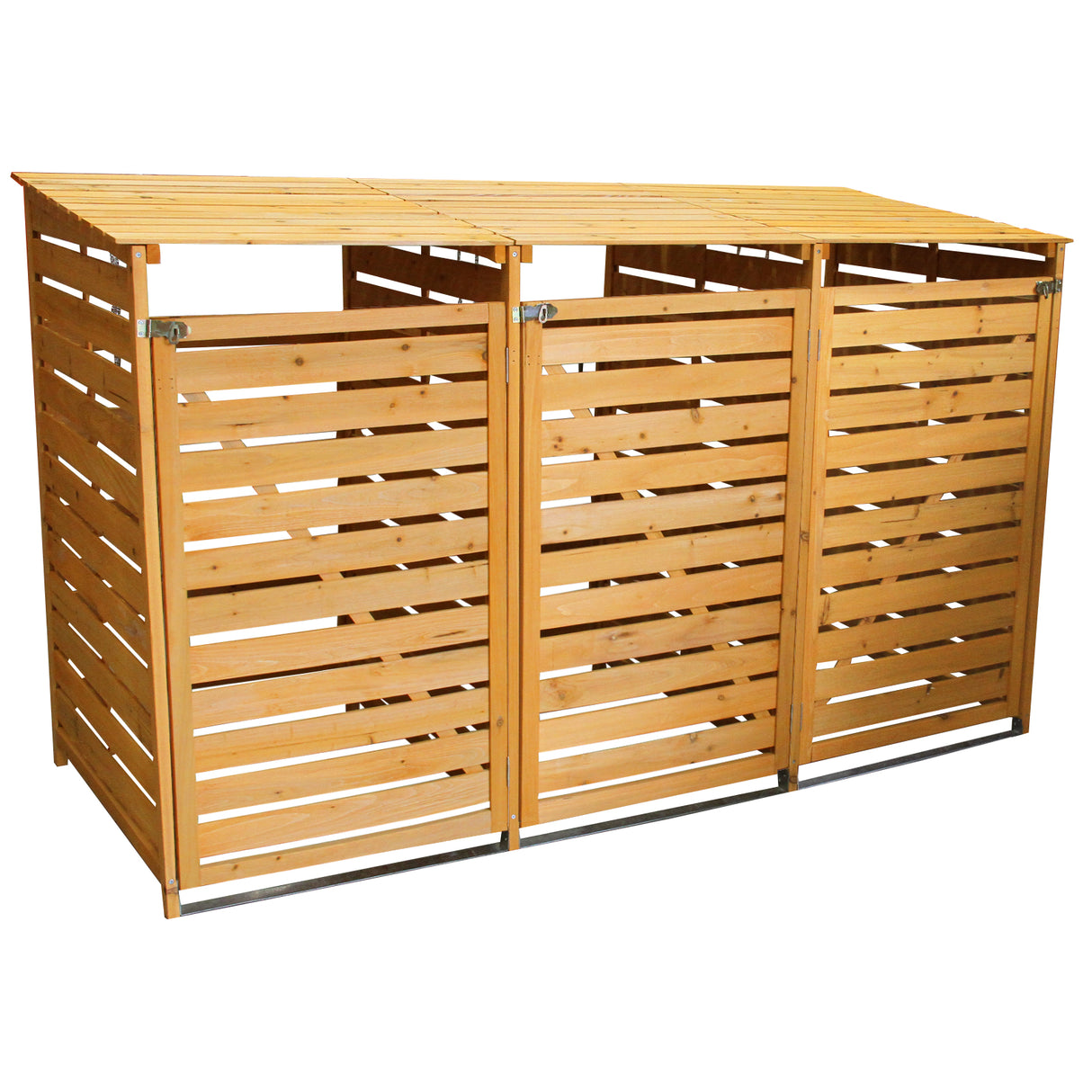 Cache-poubelle triple en bois, finition naturelle, avec des lattes horizontales, offrant une structure robuste et esthétique pour le rangement des déchets