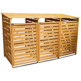 Cache-poubelle triple en bois, finition naturelle, avec des lattes horizontales, offrant une structure robuste et esthétique pour le rangement des déchets