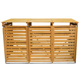 Cache-poubelle triple en bois clair avec lattes horizontales, finition lisse, design moderne et toit plat, idéal pour le jardin
