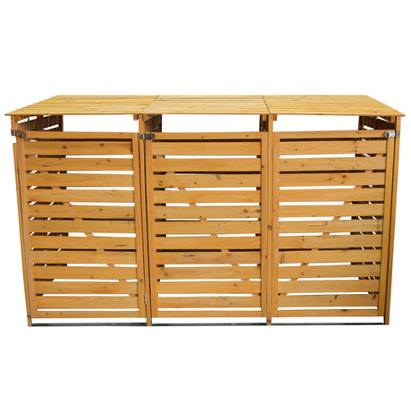Cache-poubelle triple en bois clair avec lattes horizontales, finition lisse, design moderne et toit plat, idéal pour le jardin