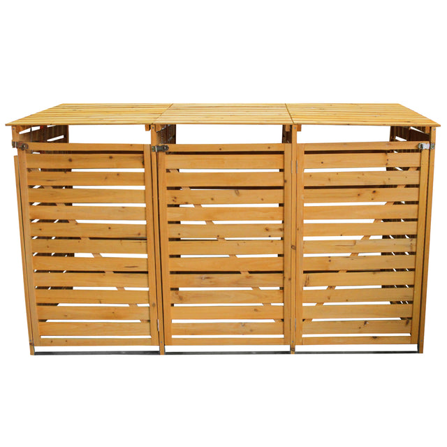 Cache-poubelle triple en bois clair avec lattes horizontales, finition lisse, design moderne et toit plat, idéal pour le jardin