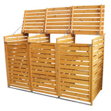 Cache-poubelle triple en bois clair avec lattes horizontales, finition lisse, structure robuste et toit incliné pour protection contre les intempéries