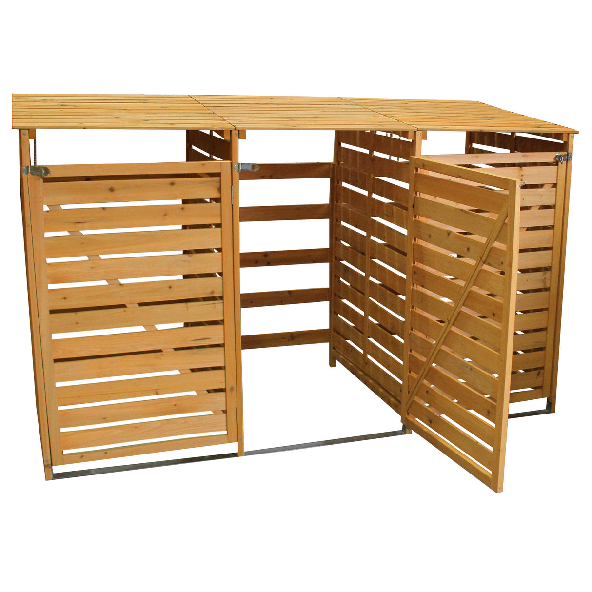 Cache-poubelle triple en bois, avec des lattes verticales, finition naturelle, toit en lattes, et porte battante pour un accès facile