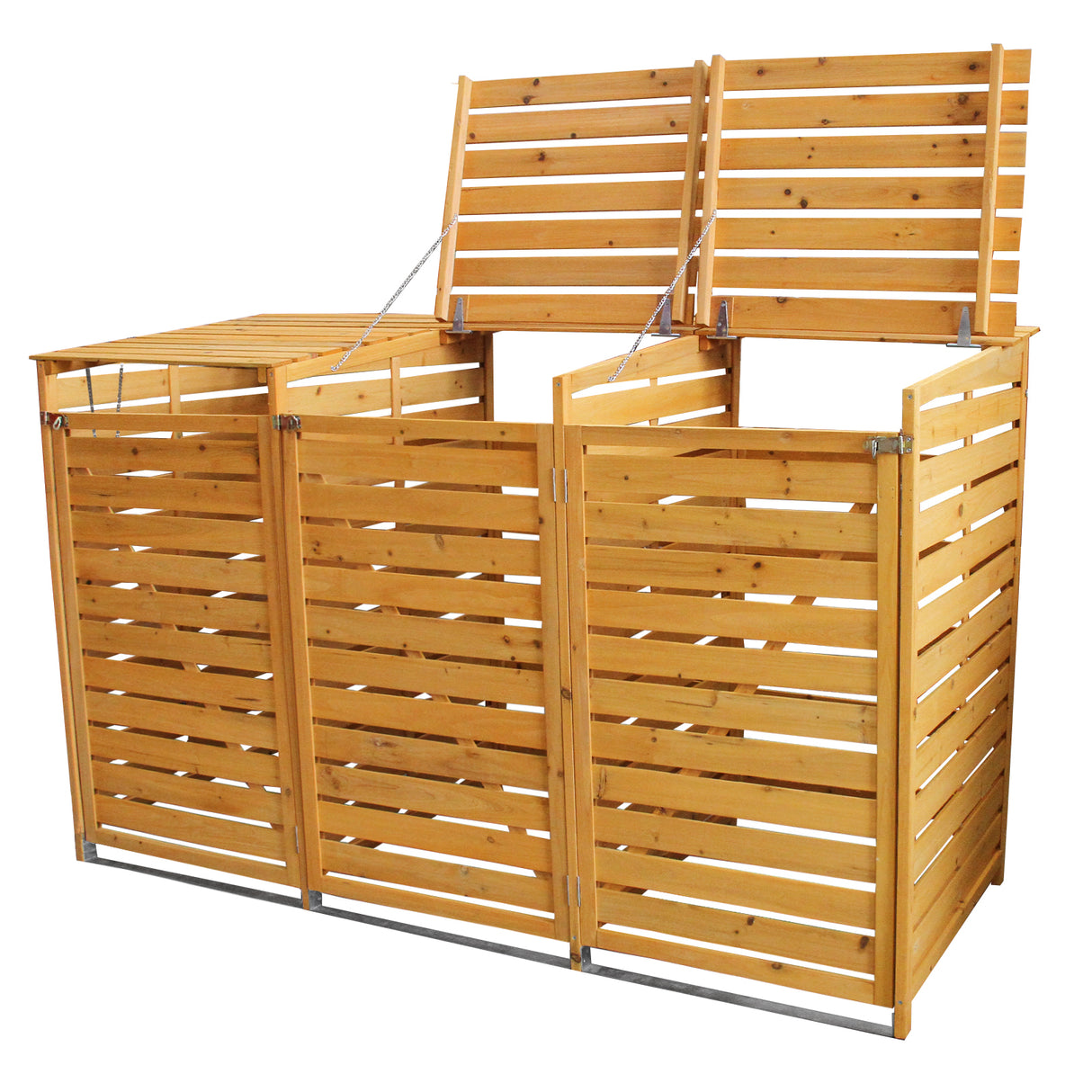 Cache-poubelle triple en bois, finition naturelle, avec lattes horizontales, offrant une protection esthétique pour les déchets extérieurs