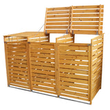 Cache-poubelle triple en bois, finition naturelle, avec lattes horizontales, offrant une protection esthétique pour les déchets extérieurs