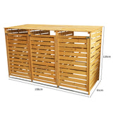 Cache-poubelle triple en bois, finition naturelle, avec lattes horizontales, dimensions 198x81x120 cm, design moderne et fonctionnel