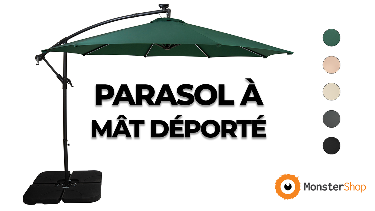 Parasol Banane à Mât Déporté à LED 3 m & Pied Carré - Beige